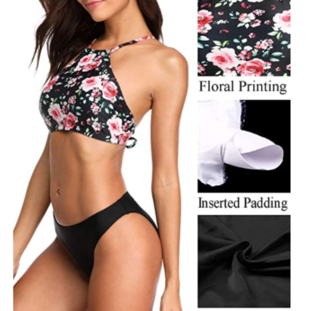 Engaging Floral Top Black Bottom Sporty Swimwear - Picture 6 of 8